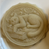 cat sleeping on book stack springerle cookie mold